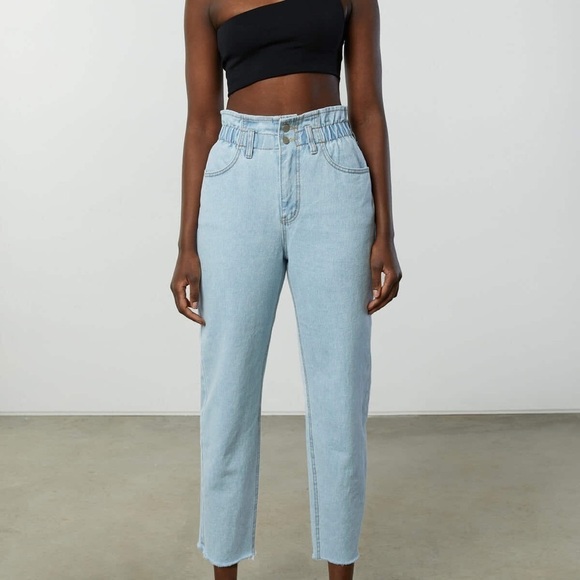 OAK + FORT Denim - Oak + Fort Elastic Paperbag Raw Hem Straight Leg High Rise Jeans